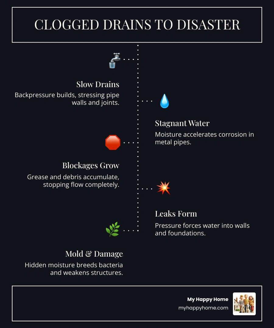 infographic showing progression from slow drain to pipe corrosion, sewer backup, mold, and structural damage - how clogged