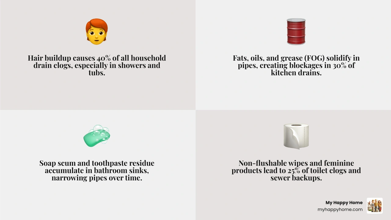 infographic showing top 5 causes of household drain blockages including hair grease soap scum food scraps and non-flushable
