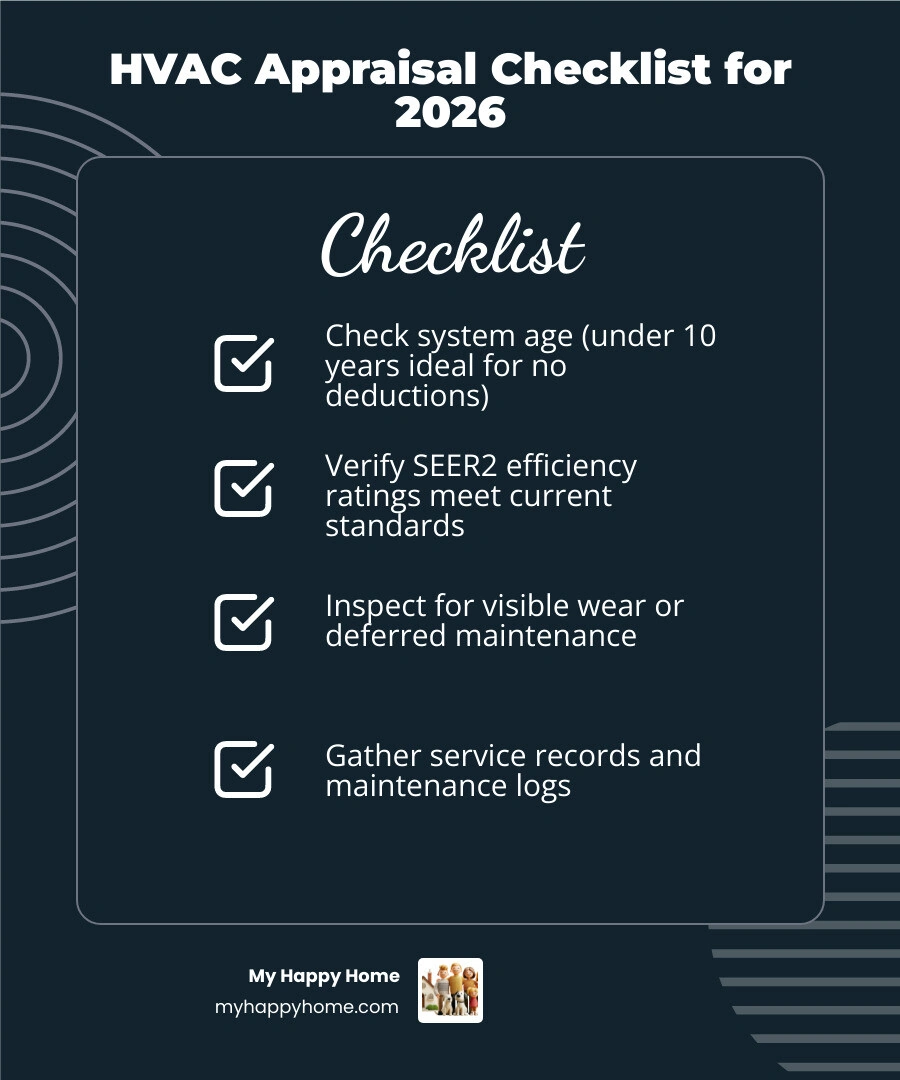 HVAC appraisal checklist infographic showing system age, SEER ratings, condition, and documentation tips for 2026 - how ac