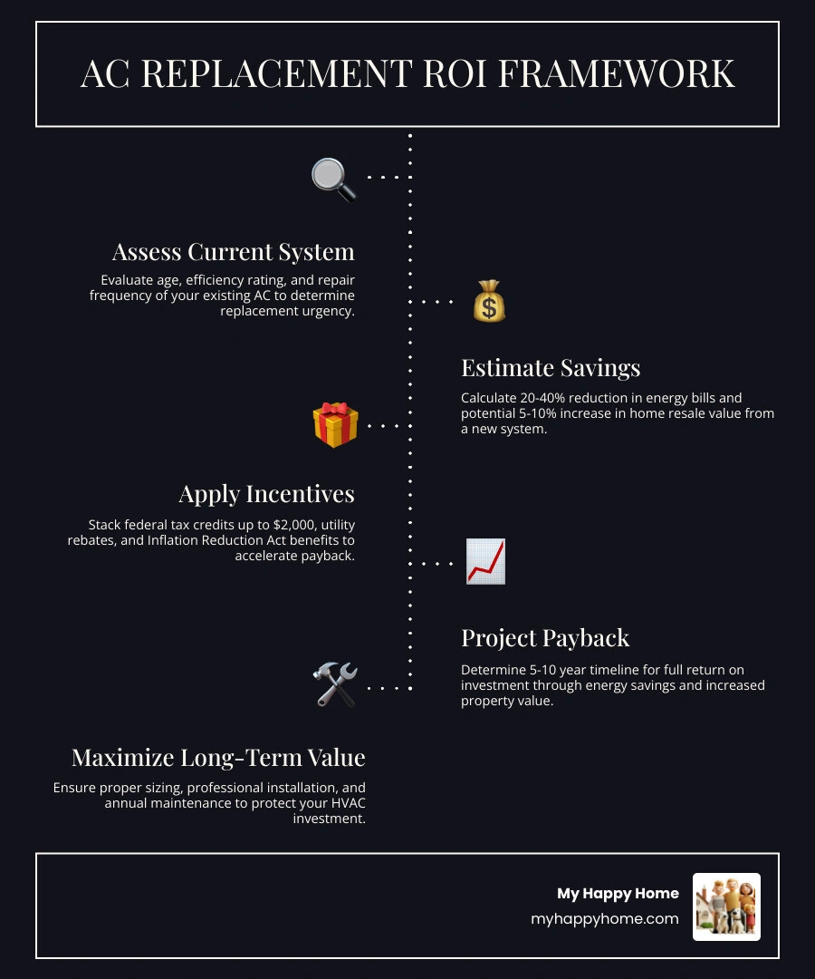 Infographic showing components of HVAC ROI: home value increase 5-10%, energy savings 20-40%, payback period 5-10 years