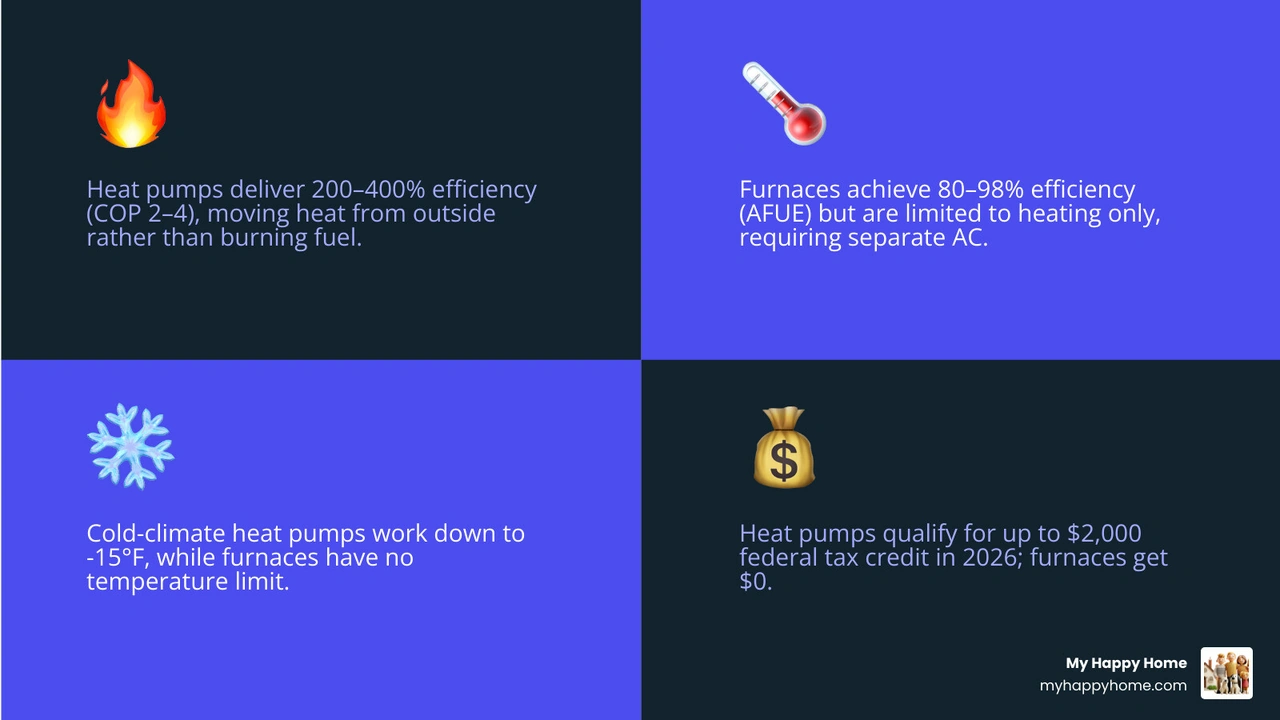Infographic comparing heat pump vs furnace: efficiency ratings, climate suitability, dual function, and tax credits - is a Infographic comparing heat pump vs furnace: efficiency ratings, climate suitability, dual function, and tax credits - is a