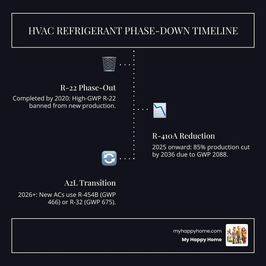 HVAC refrigerant phase-down timeline from R-22 through R-410A to A2L refrigerants, 2020 to 2036 - how ac refrigerant changes