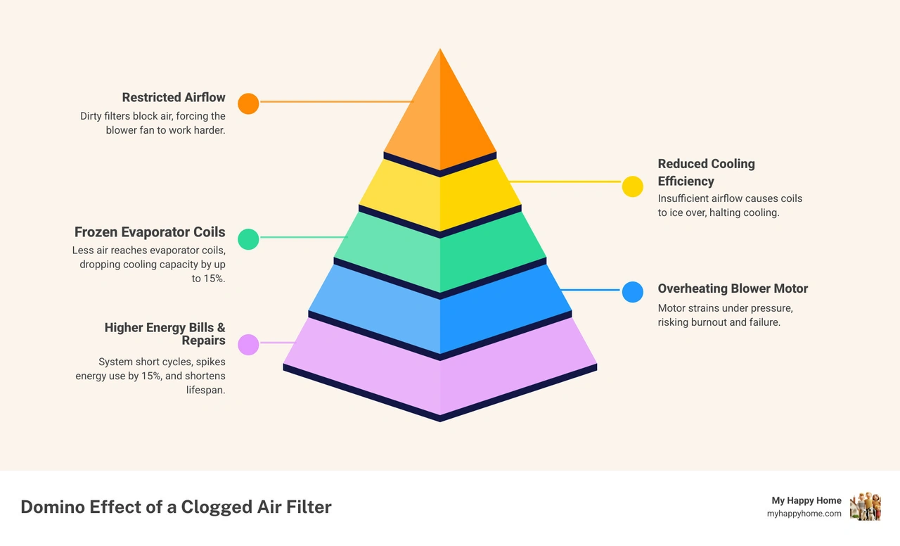 Infographic showing the domino effect of a clogged air filter: restricted airflow leads to frozen coils, motor strain, short