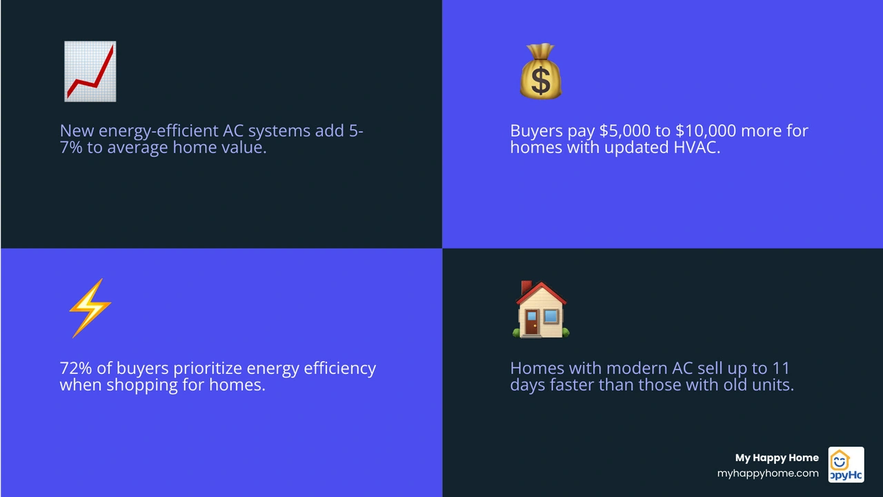 Infographic showing how energy efficient AC impacts home value: 5-7% value increase, $5,000-$10,000 appraisal boost, 72% of
