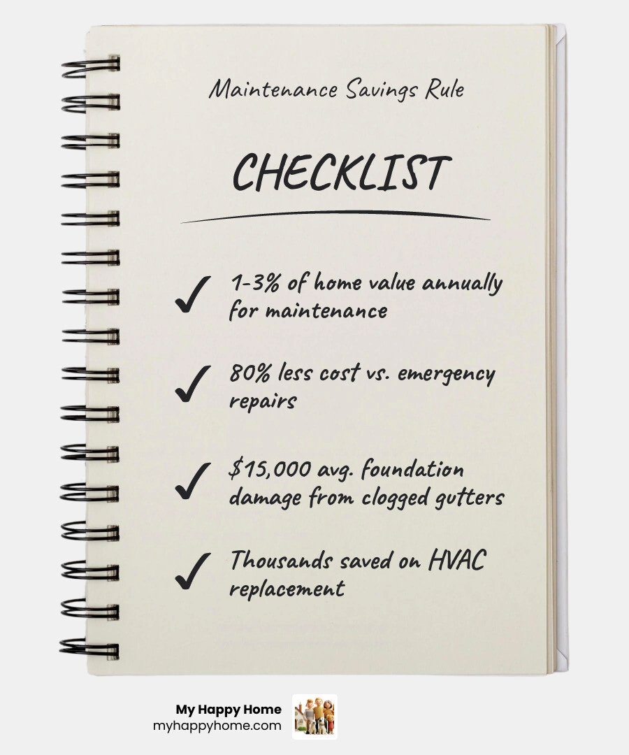 Infographic showing the 1-3% annual maintenance rule compared to average emergency repair costs for roof, foundation, HVAC Infographic showing the 1-3% annual maintenance rule compared to average emergency repair costs for roof, foundation, HVAC