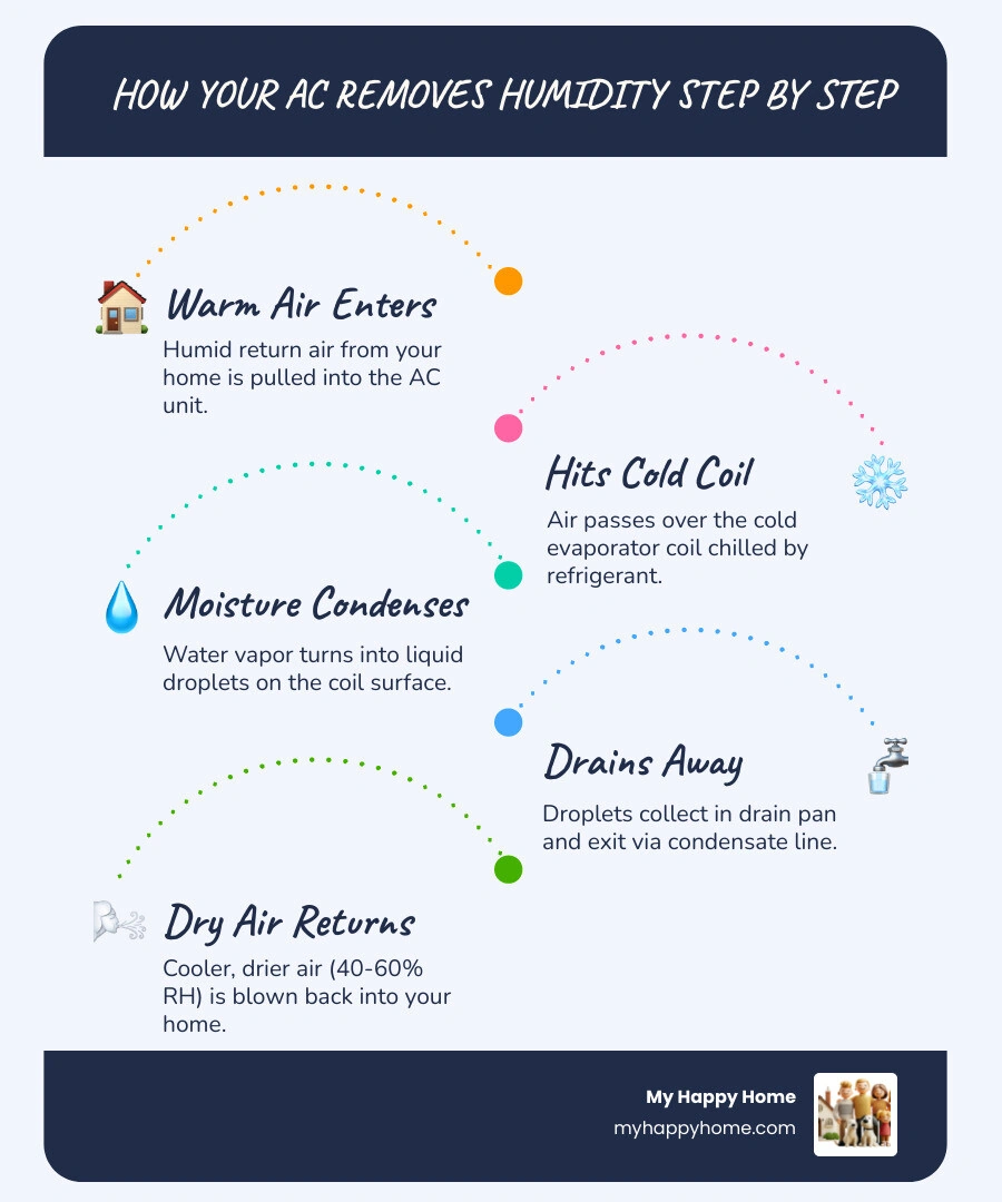 Infographic showing how AC cooling removes moisture from indoor air step by step, with ideal humidity ranges infographic