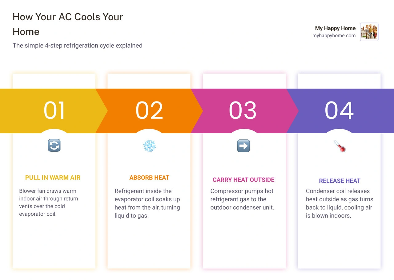 infographic showing the 5-step air conditioning cooling cycle from warm air intake to cooled air output infographic