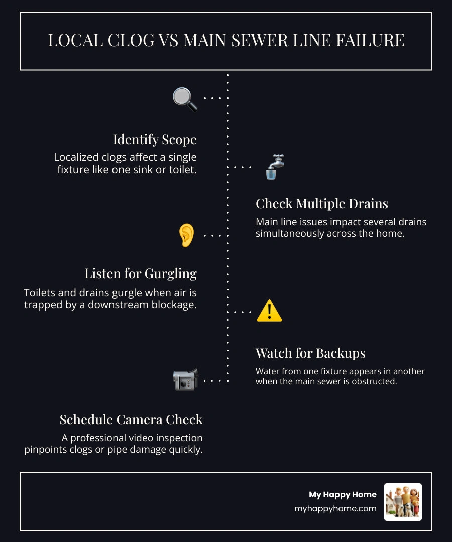Infographic showing the difference between a localized drain clog and a main sewer line failure with warning signs listed