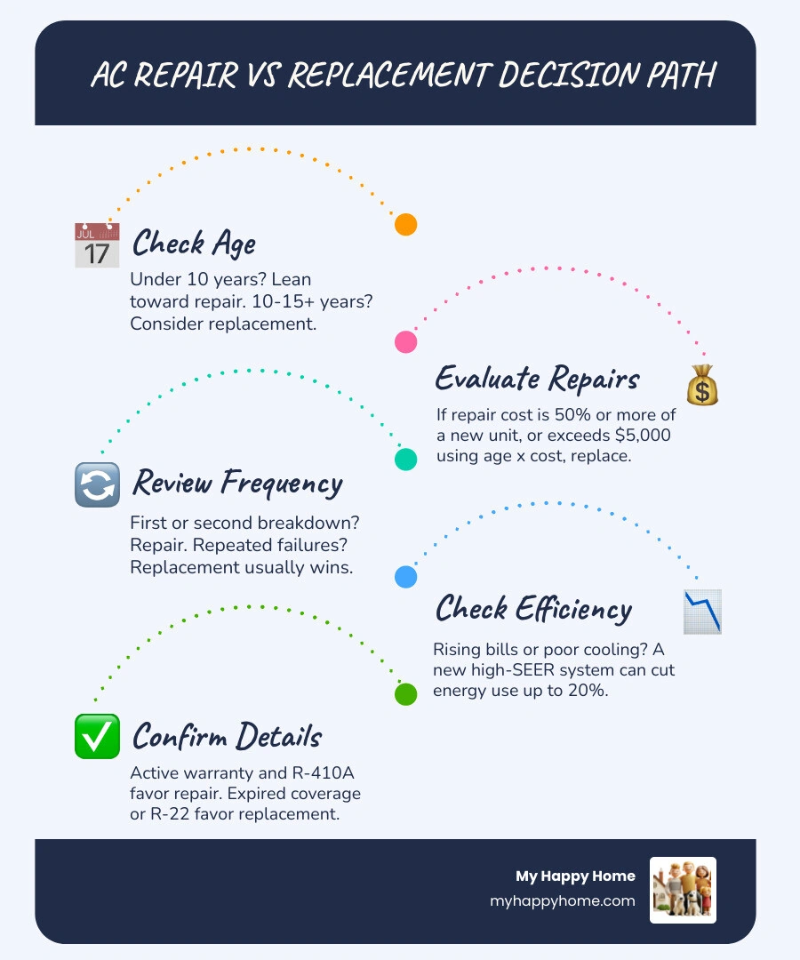 Infographic showing repair vs replacement decision path based on unit age, repair cost, breakdown frequency, and refrigerant Infographic showing repair vs replacement decision path based on unit age, repair cost, breakdown frequency, and refrigerant