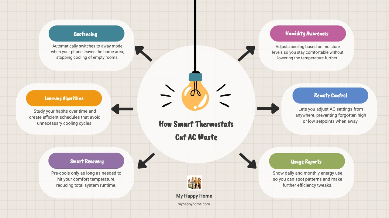 Infographic showing how smart thermostats reduce AC energy waste through scheduling, geofencing, learning, and remote