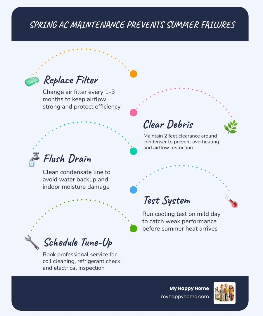 Infographic showing how spring AC maintenance prevents summer breakdowns: filter replacement, coil cleaning, refrigerant