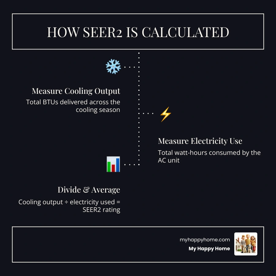 Infographic explaining how SEER2 is calculated, showing BTU cooling output divided by watt-hours with minimum ratings by