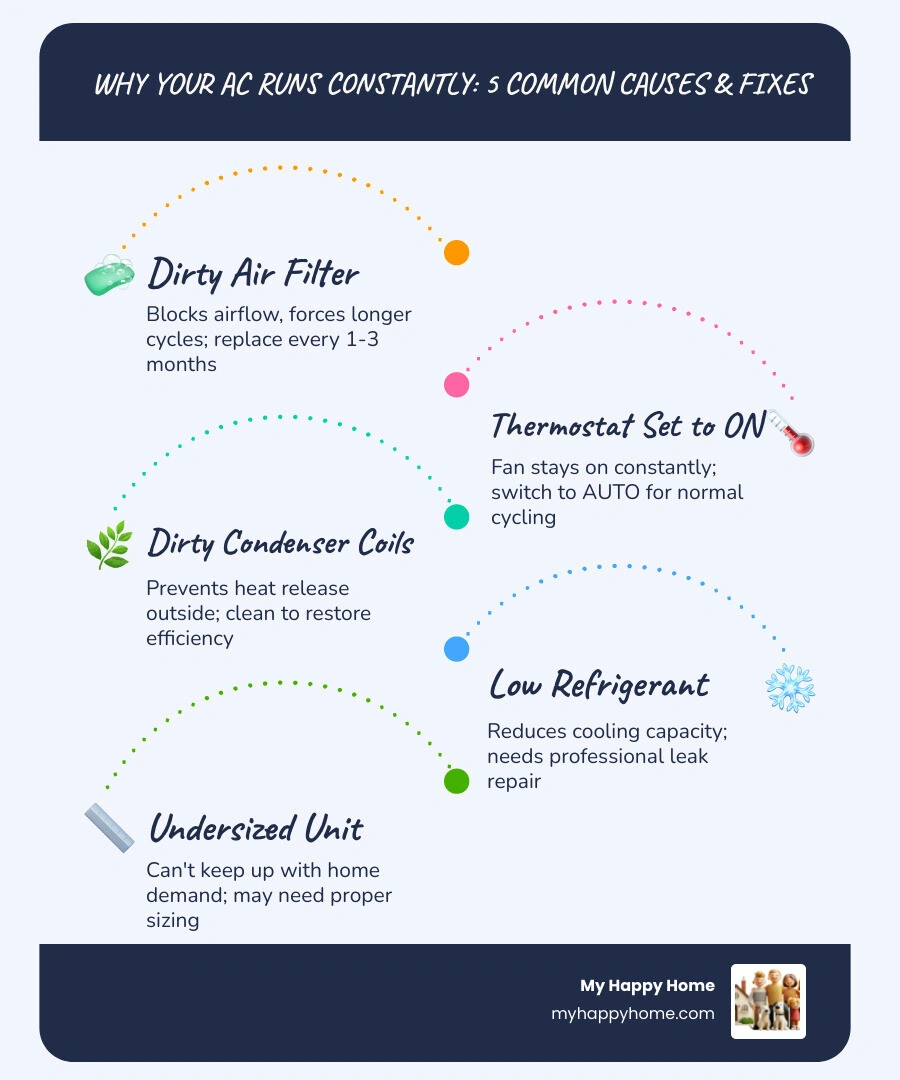 Infographic showing normal AC cycle of 15-20 minutes vs continuous running with common causes listed infographic Infographic showing normal AC cycle of 15-20 minutes vs continuous running with common causes listed infographic