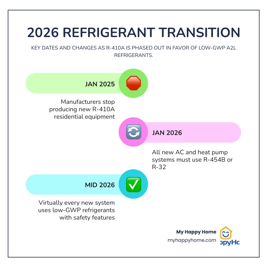 Infographic showing the 2026 refrigerant transition timeline from R-410A to R-454B and R-32 with key dates and GWP values Infographic showing the 2026 refrigerant transition timeline from R-410A to R-454B and R-32 with key dates and GWP values