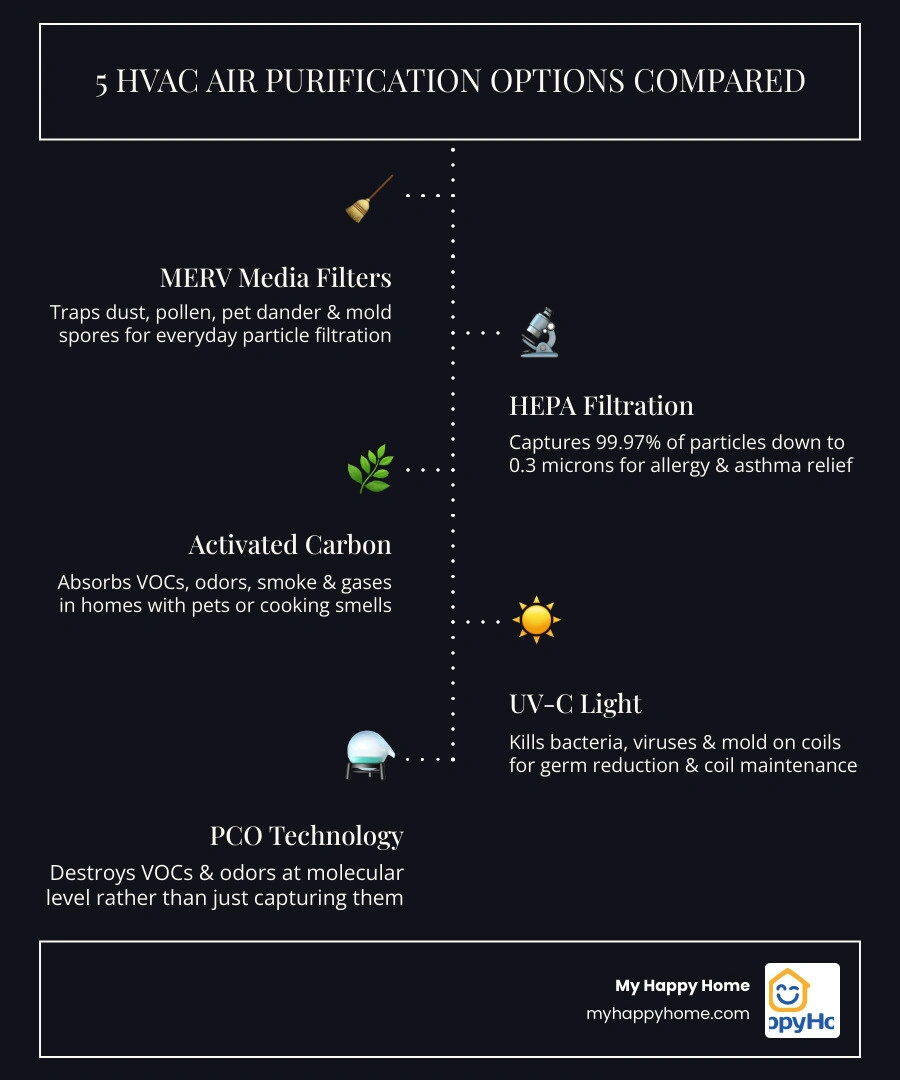 Infographic showing the 5 main HVAC air purification options: MERV filters, HEPA, activated carbon, UV-C, and PCO with key