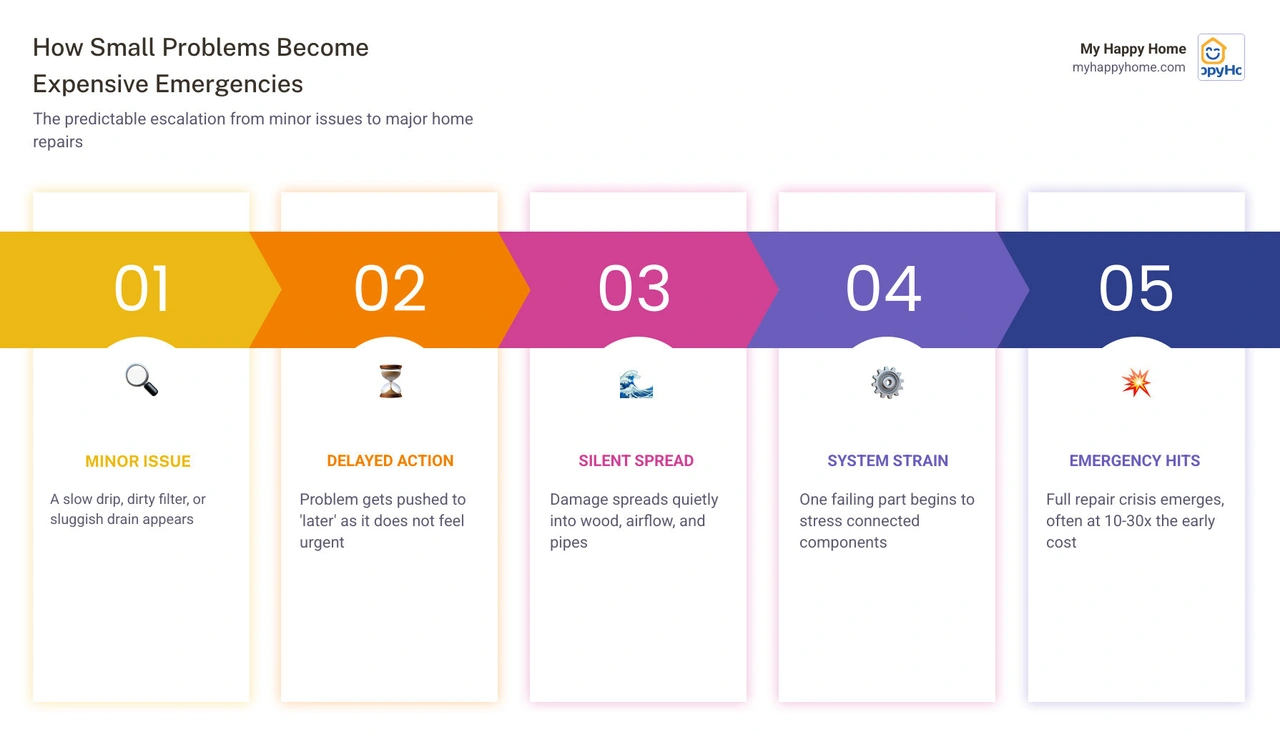 Infographic showing the escalation timeline from minor home maintenance issue to expensive emergency repair infographic Infographic showing the escalation timeline from minor home maintenance issue to expensive emergency repair infographic