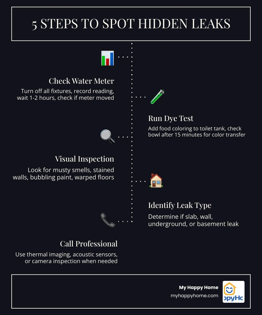 5-step timeline infographic showing damage progression and detection steps for hidden water leaks infographic 5-step timeline infographic showing damage progression and detection steps for hidden water leaks infographic