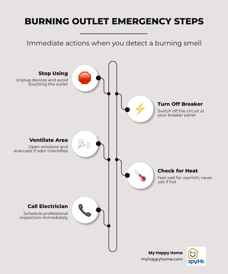 Infographic showing 5 causes of burning outlet smell with immediate emergency steps for each infographic Infographic showing 5 causes of burning outlet smell with immediate emergency steps for each infographic
