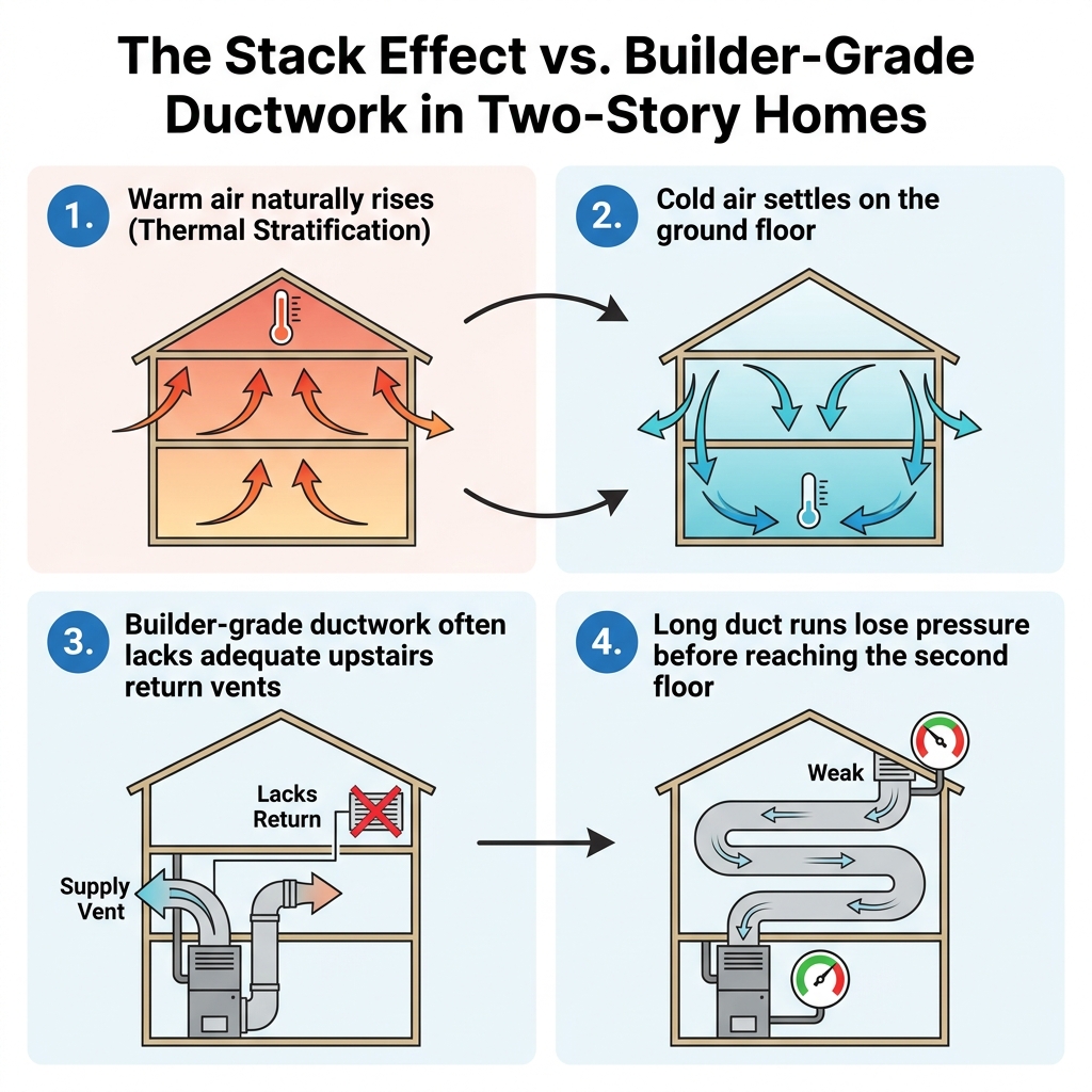 The Stack Effect vs. Builder-Grade Ductwork in Two-Story Homes