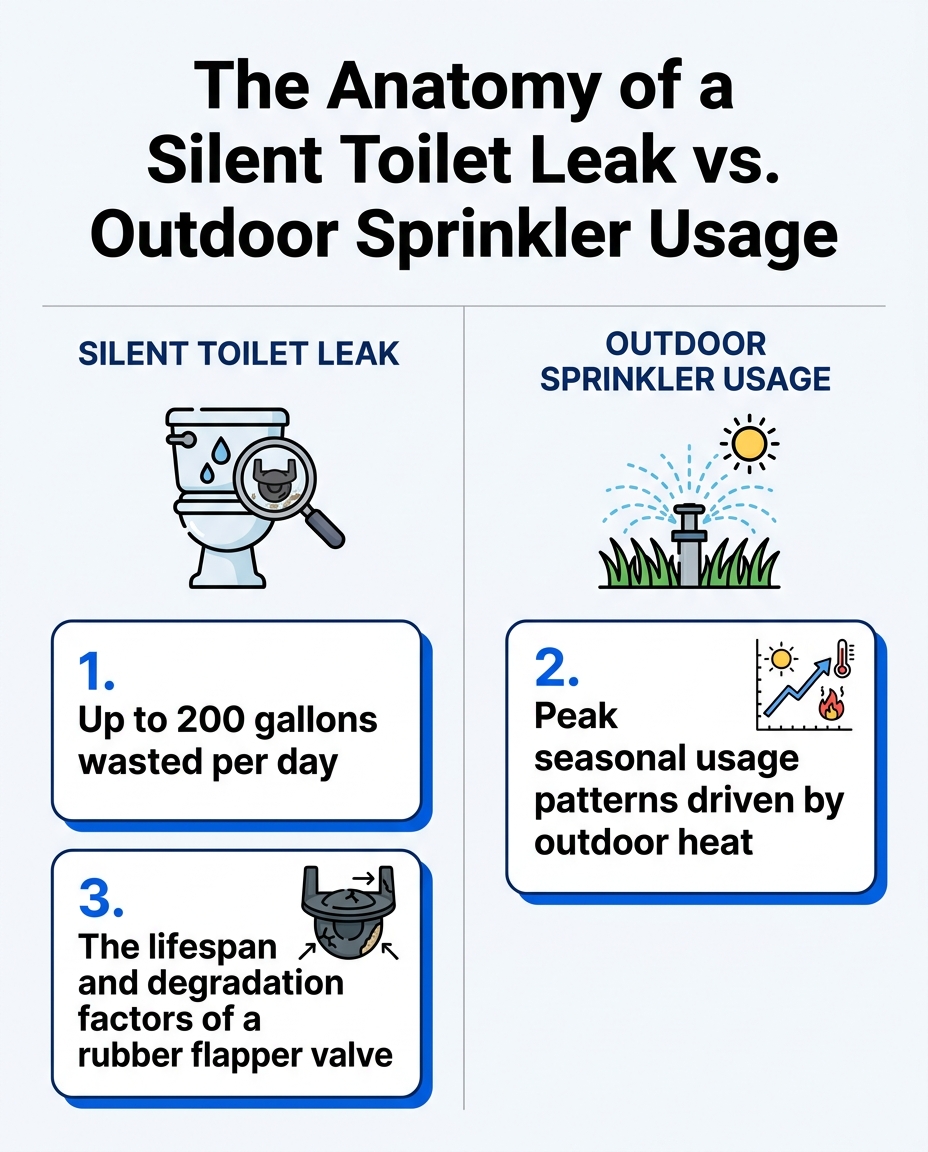 The Anatomy of a Silent Toilet Leak vs. Outdoor Sprinkler Usage