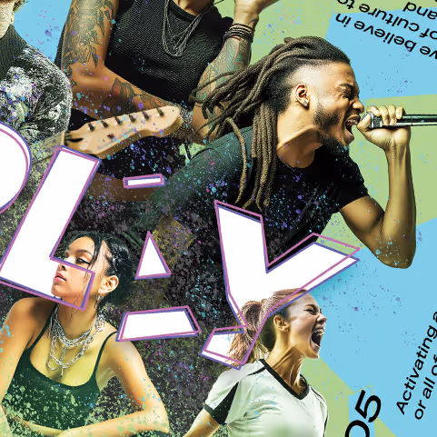 Collage of diverse energetic musicians and athletes with bold letters spelling PLAY on a colorful background.