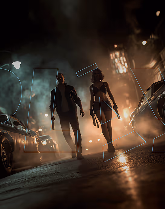 Two people walking confidently down a dimly lit street at night holding weapons, surrounded by parked cars and fog.