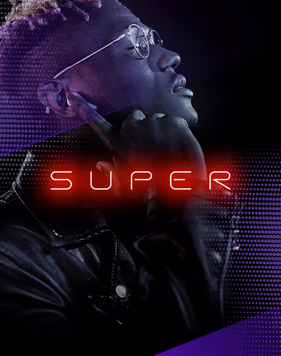 Profile of a man wearing glasses and a leather jacket, with a glowing red text overlay reading 'SUPER'.