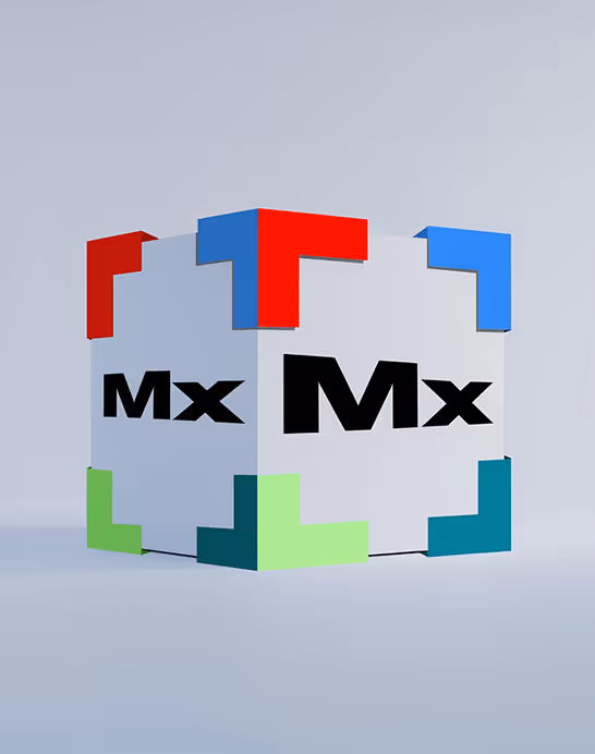 A 3D white cube with colored corner brackets in red, blue, and green, featuring the black letters 'Mx' on two visible sides.