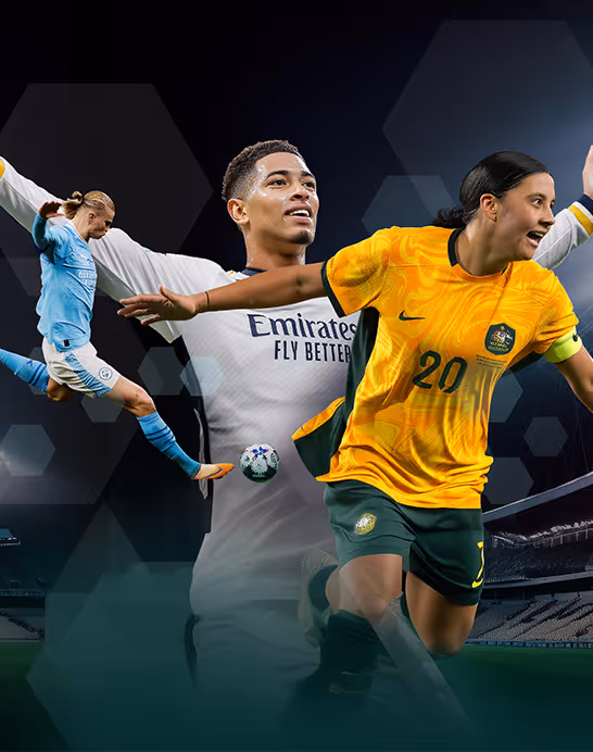 Three soccer players in action with a stadium background: a female player in a yellow jersey running, a male player in a white Emirates jersey, and another player in a blue jersey kicking a ball.