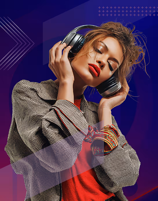 Woman with messy hair listening to music on headphones with eyes closed against a blue and purple abstract background.