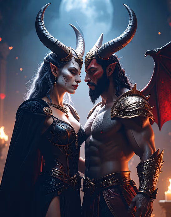 A man and woman dressed as fantasy demons with large curved horns, intricate armor, and red wings, facing each other under a full moon.