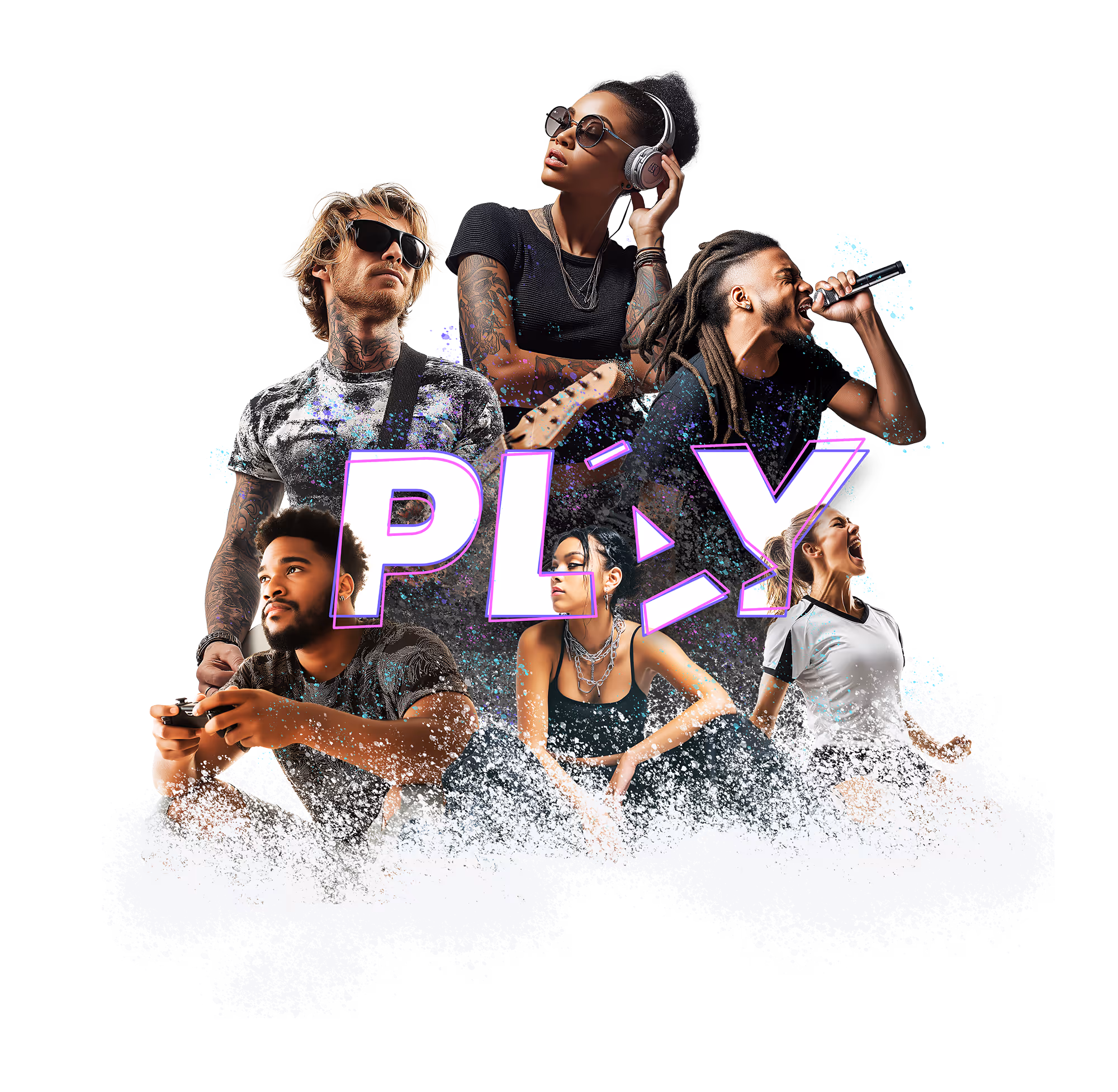 Collage of six diverse young adults engaged in various activities like gaming, listening to music, singing, and cheering, with the word 'PLAY' in bold purple letters overlaying the image.