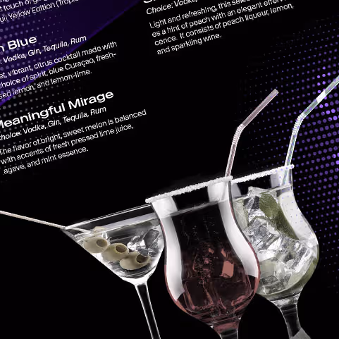 Three cocktail glasses with different drinks and garnishes, set against a black background with white and purple text describing cocktails.