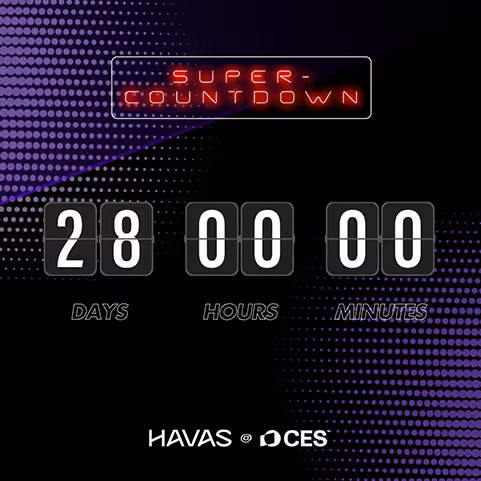 Digital countdown timer showing 28 days, 0 hours, and 0 minutes with 'SUPER-COUNTDOWN' in red neon text above and Havas and CES logos below on a black and purple dotted background.
