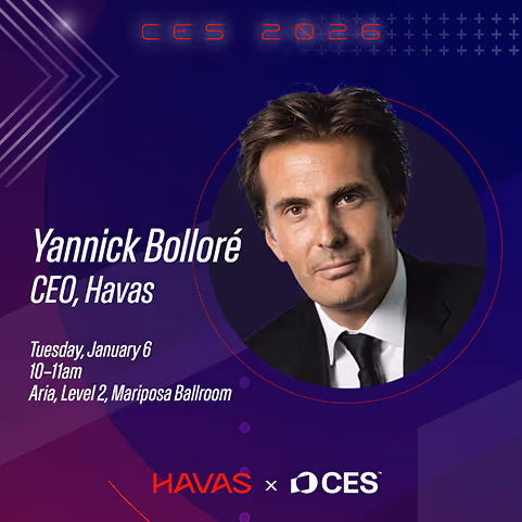 Portrait of Yannick Bolloré, CEO of Havas, with event details for CES 2026 on January 6, 10-11am at Aria, Level 2, Mariposa Ballroom.