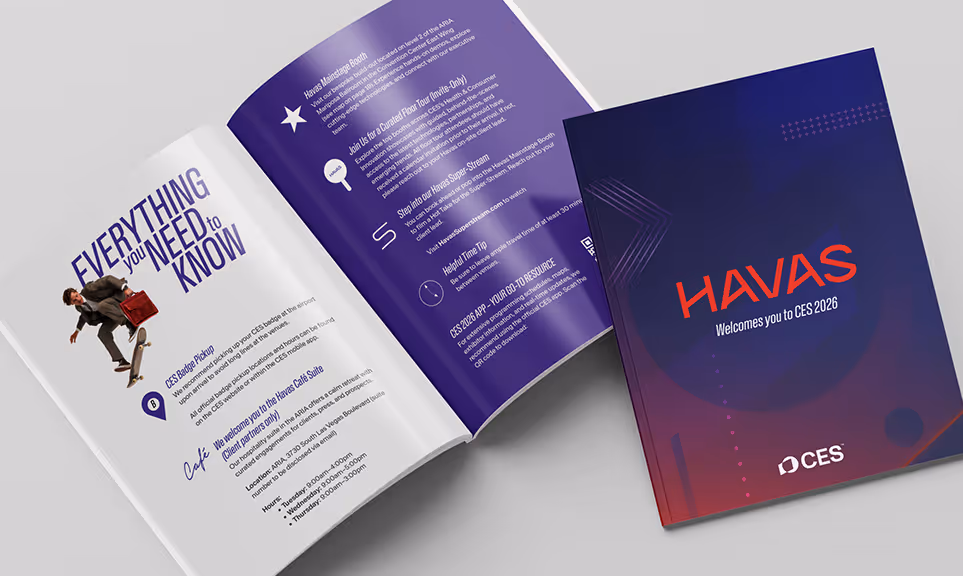 Open Havas CES 2026 brochure displaying information titled 'Everything you need to know' alongside a closed brochure cover with Havas logo and CES 2026 welcome text.