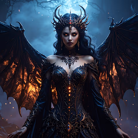 Dark fantasy woman with glowing eyes, horned crown, and large bat-like wings wearing intricate black armor in a shadowy environment.
