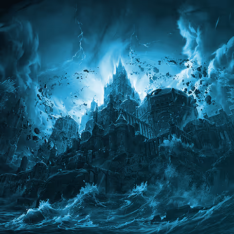 Dark, stormy scene of a towering gothic castle surrounded by turbulent waves and floating debris under a lightning-filled sky.