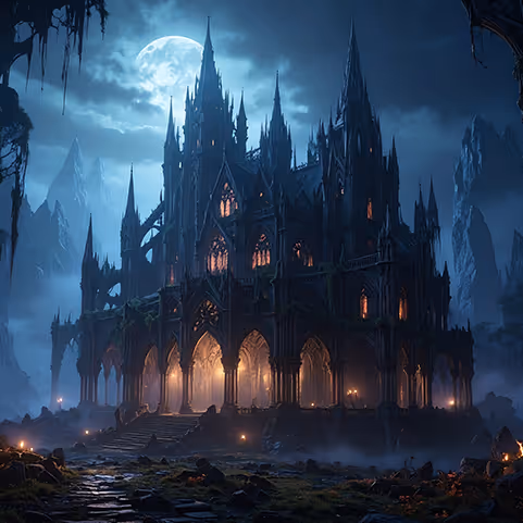 Gothic castle with tall spires illuminated from within under a full moon in a dark, eerie landscape.