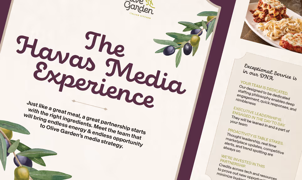 Olive Garden media partnership overview with text about team dedication and a photo of Italian dishes including pasta and lasagna.