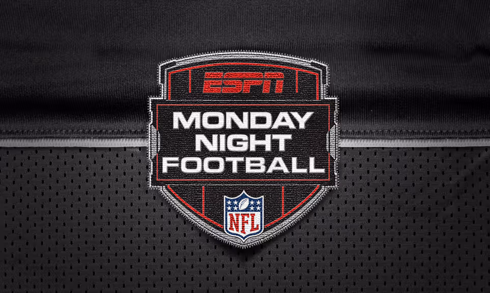 Embroidery patch on black fabric showing the ESPN Monday Night Football NFL logo with red and white text.