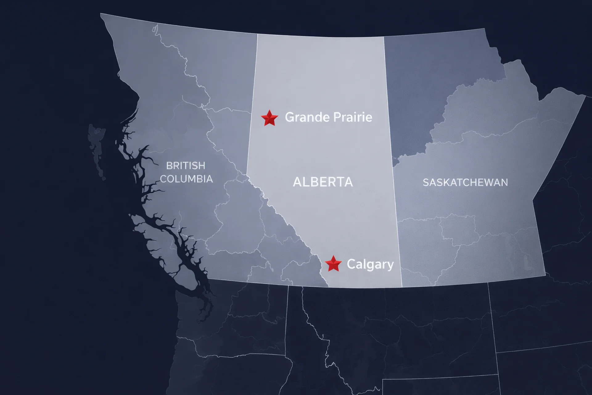 Map of Western Canada showing Echelon Chemicals locations in Calgary and Grande Prairie, Alberta