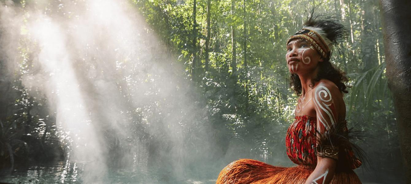 Papuan woman in traditional dress in a sunlit rainforest
