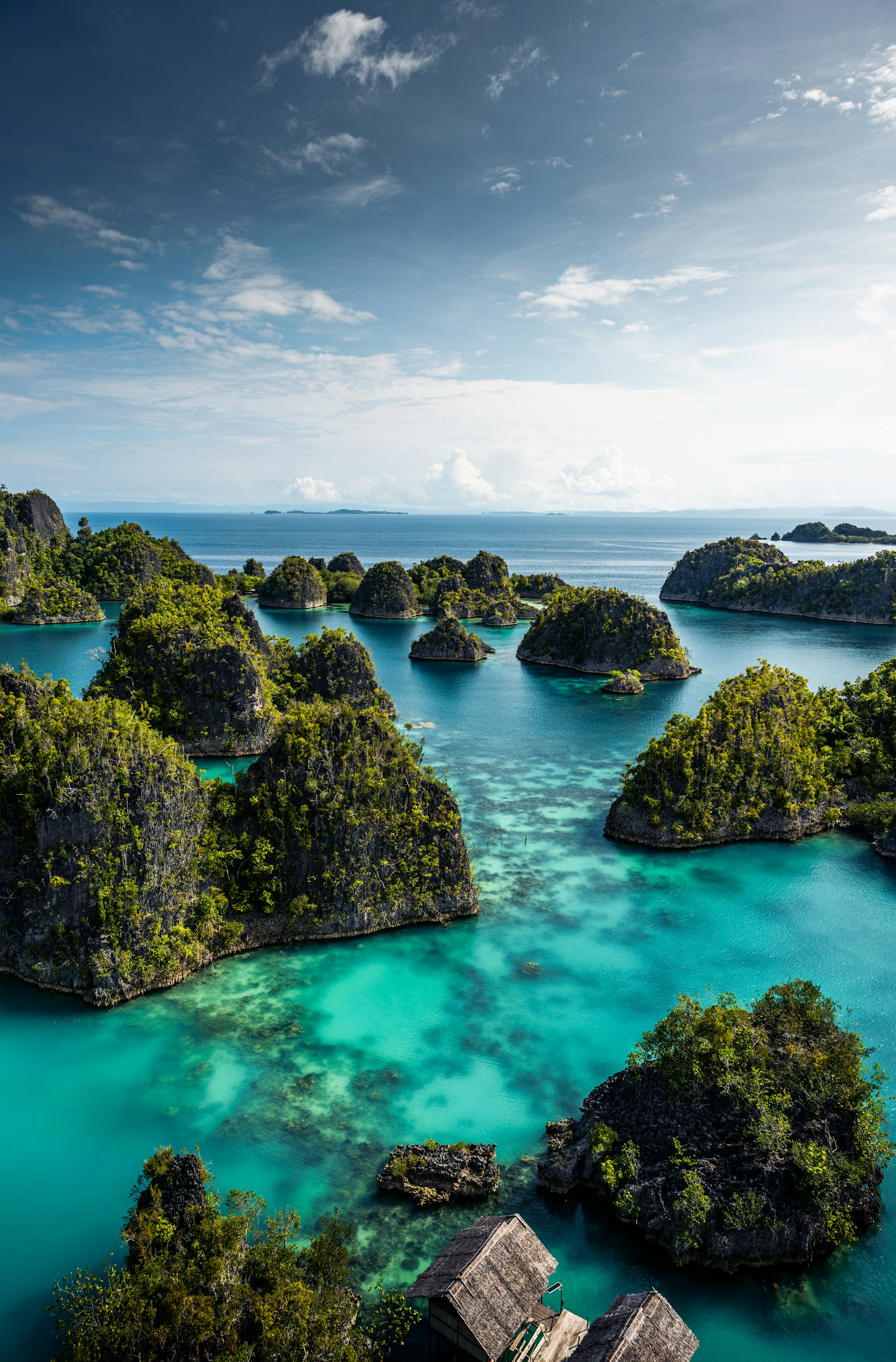Aerial view of a lagoon with many small islands in Raja Ampat
