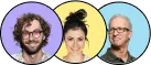 Three people smiling: curly man with glasses, woman with bun, and man with gray hair and glasses.