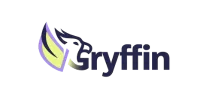 Gryffin logo with stylized three-color wing design in purple, yellow, and gray next to text.