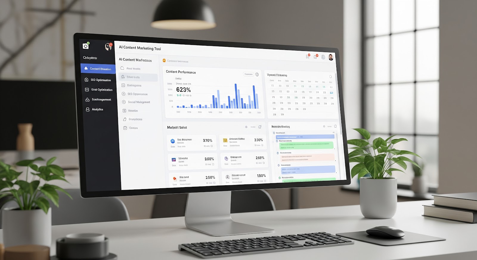 Modern desktop workspace with a large computer monitor displaying an AI content marketing tool dashboard, featuring content performance charts, SEO optimization metrics, analytics panels, and sidebar navigation, with plants and office decor in the background.