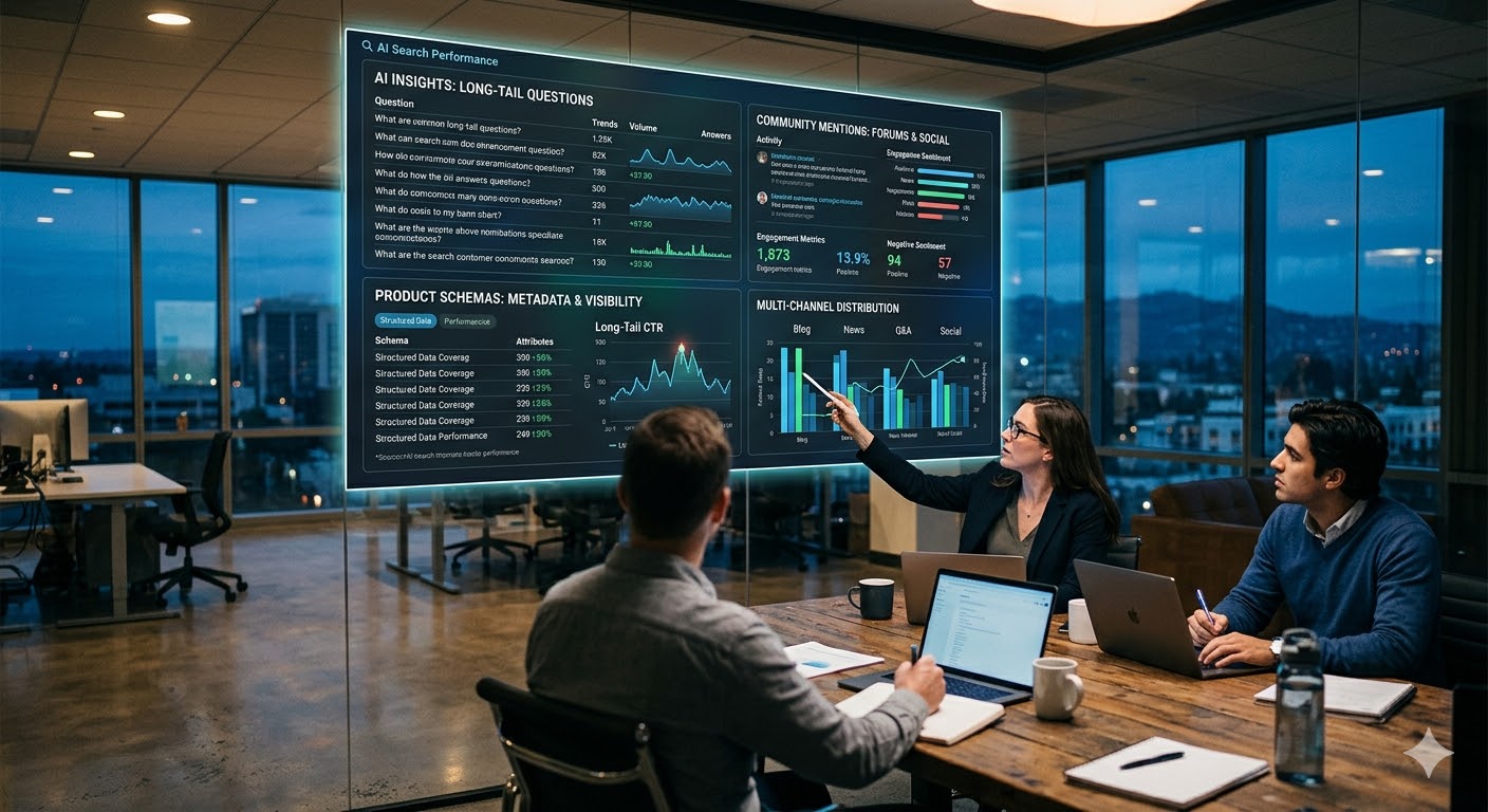 Team analyzing AI search performance dashboard in modern office at dusk