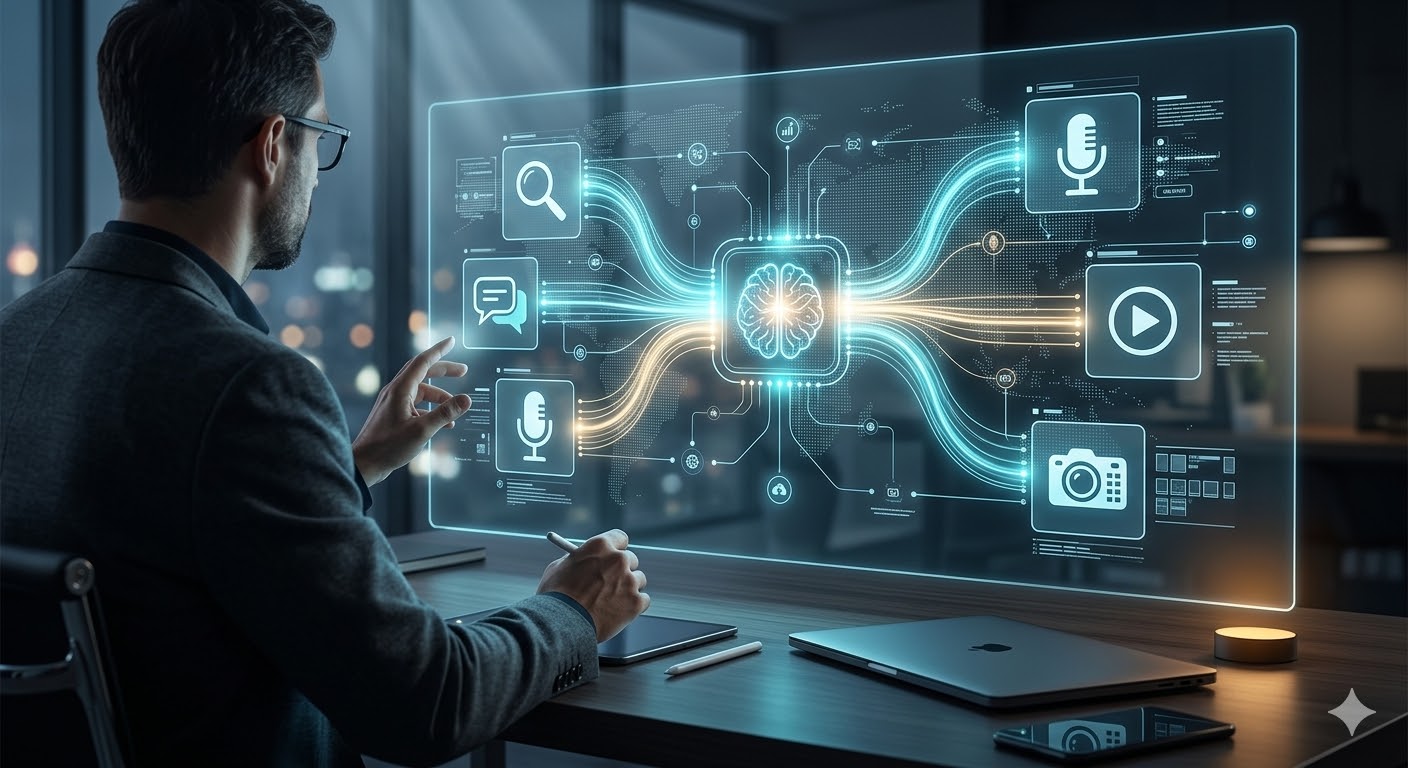 Man interacting with a digital interface for Generative Engine Optimization showcasing data flow and AI integration.