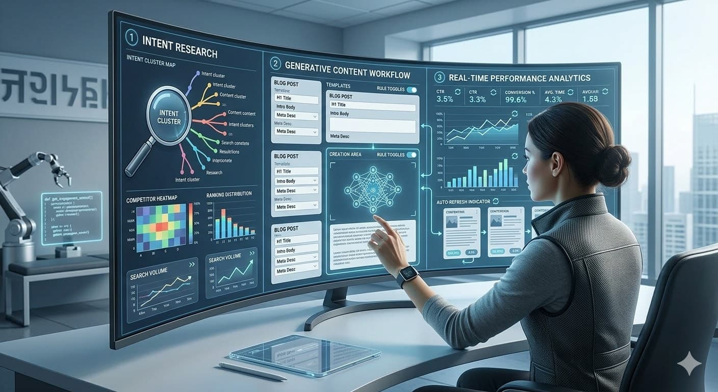A person analyzing generative engine optimization data on a multi-screen setup showing analytics and workflows.